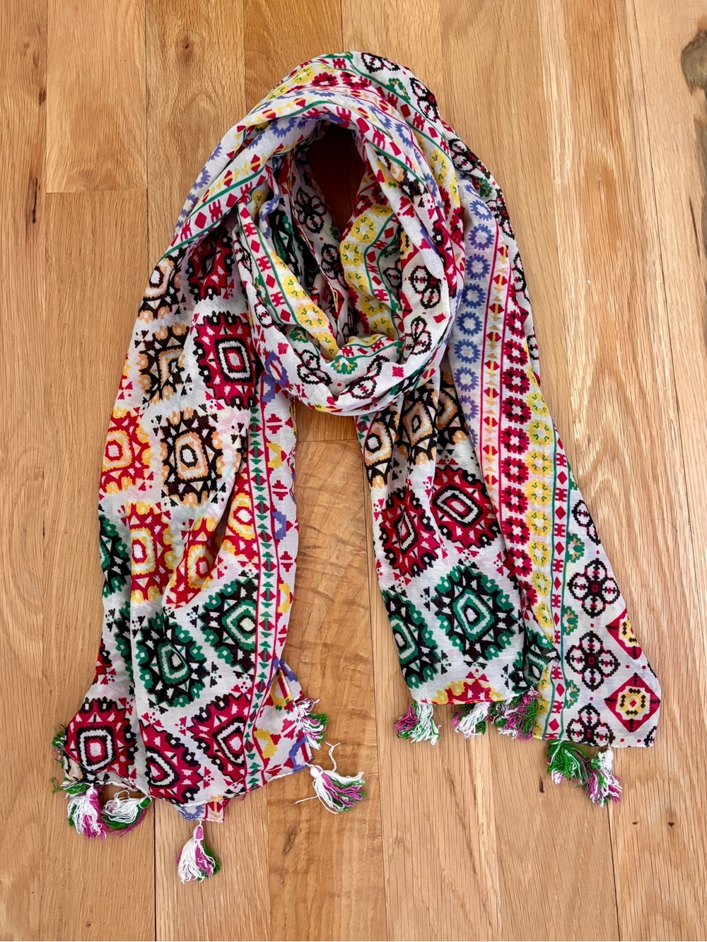 Anthropologie Scarf Wrap Cover Up Sarong Geometric Multicolor Tassel Floral Pink